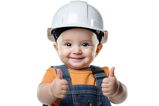 Toddler boy in white construction safety helmet showing thumb up with two hands isolated on white background