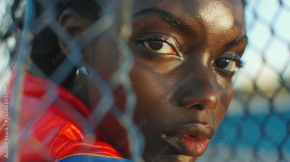 Poster Close up shot of a person standing behind a fence. Ideal for security or privacy concepts