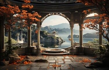 a small pavilion with a lotus flower on top, in the style of cinematic sets, coastal views, monumentalism, 32k uhd, confessional, neo-concretism, empire - obrazy, fototapety, plakaty