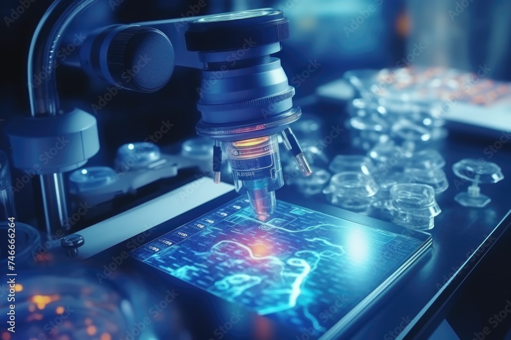 Poster a microscope and tablet placed on a table. suitable for scientific and educational concepts