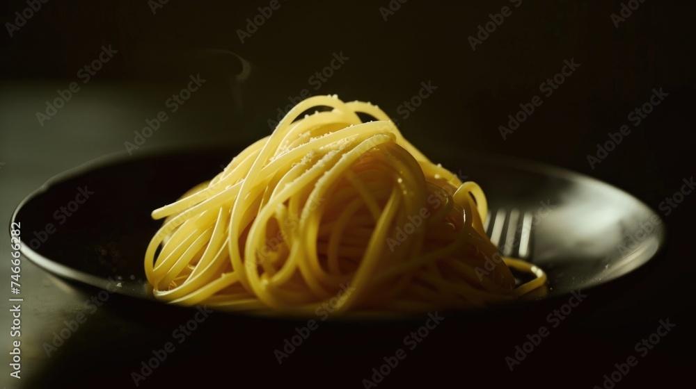 Poster a plate of spaghetti with a fork on a table. suitable for food and restaurant concepts