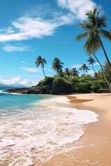 A serene beach with palm trees under the sun. Perfect for travel brochures