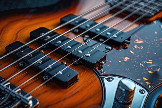 Closeup of a new abstract sunburst five string bass guitar with three single coil pickups between the bridge and neck.