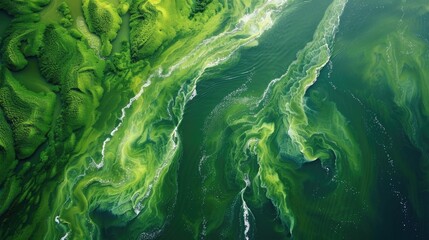 Aerial view of body of water with green algae, suitable for environmental concepts