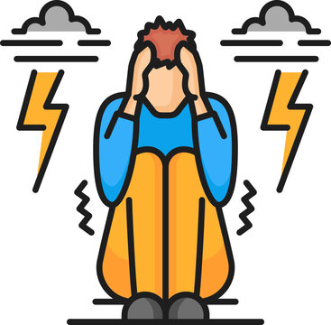 Human phobia icon of astraphobia or fear of thunder lightning, vector color line. Mental health, psychology problems and mind disorder, astraphobia icon or anxiety and panic reaction to phobia