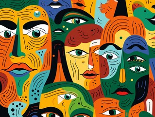 People's Faces Pattern, Colorful and diverse facial expressions background