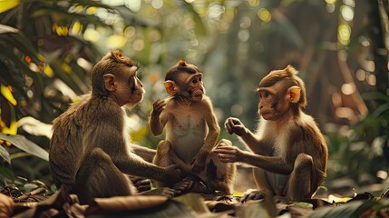 Witness the charm of a red-faced macaque monkey family with playful children, exploring their...