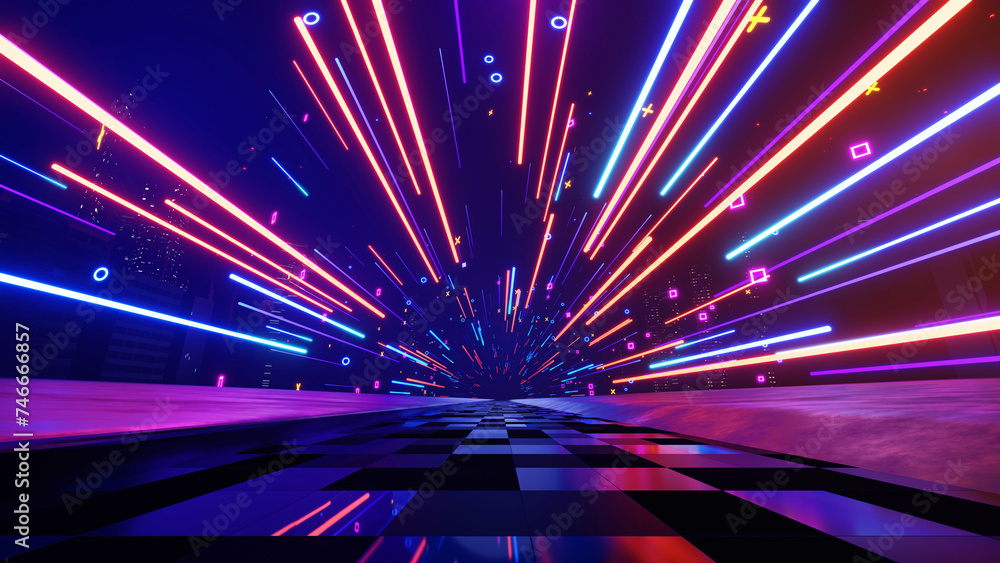 Poster futuristic technology neon light background, empty space with reflection light on floor scene, inter