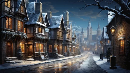 Fotobehang a snowy street scene and snowmen on it, in the style of photorealistic landscapes, villagecore, luminous quality, rtx on, joyful celebration of nature, nightscapes © Smilego