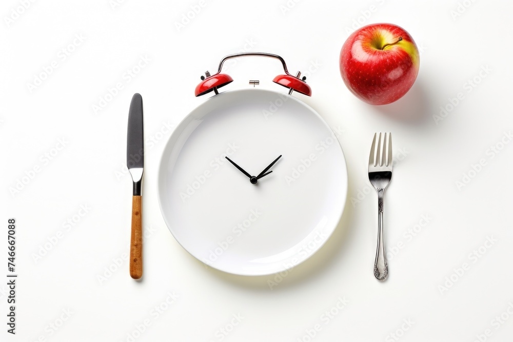 Poster A clock placed on a plate with a fork and knife, suitable for time management concepts
