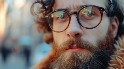 Close-up shot of a man with glasses and a beard, suitable for various business or lifestyle concepts - obrazy, fototapety, plakaty