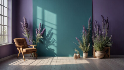 Softened teal backdrop. Trendy lavender studio for showcasing products. Window shadows and botanical touches in an empty room.  - obrazy, fototapety, plakaty