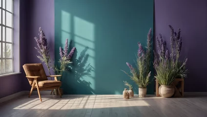 Fotobehang Softened teal backdrop. Trendy lavender studio for showcasing products. Window shadows and botanical touches in an empty room.  © xKas