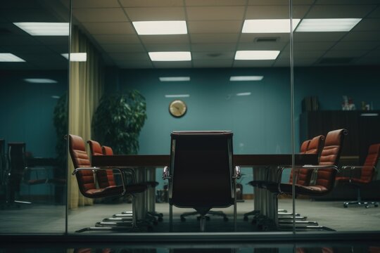 A conference room with chairs and a clock on the wall. Ideal for business and time management concepts