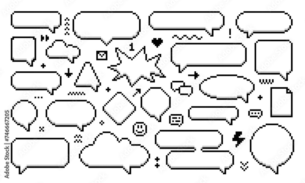 Poster 8bit pixel speech bubbles and message dialog boxes, vector icons for computer game. Chat speech bubbles in 8 bit pixel art, message clouds, love heart and mail envelope with arrow icons in pixel line