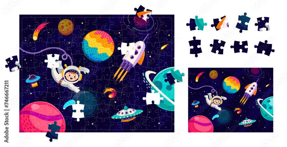 Poster Space jigsaw puzzle game pieces with starry galaxy, kid astronaut, UFO and space rocket. Form connect puzzle riddle, figure search vector quiz worksheet with boy in spacesuit, spaceship in outerspace