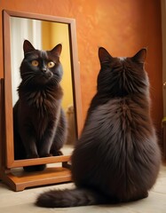 A glossy black cat gazes into a mirror, its amber eyes meeting its reflection with a curious glint. The warm tones of the room cast a soft glow on its silky fur. AI Generative