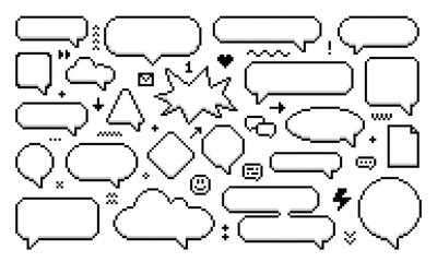 8bit pixel speech bubbles and message dialog boxes, vector icons for computer game. Chat speech bubbles in 8 bit pixel art, message clouds, love heart and mail envelope with arrow icons in pixel line - obrazy, fototapety, plakaty