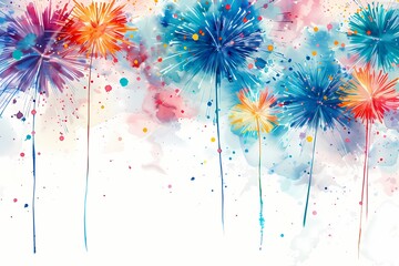 A magical composition capturing the brilliance of fireworks against a white canvas, adding a touch of enchantment and wonder to a joyous birthday occasion. - obrazy, fototapety, plakaty