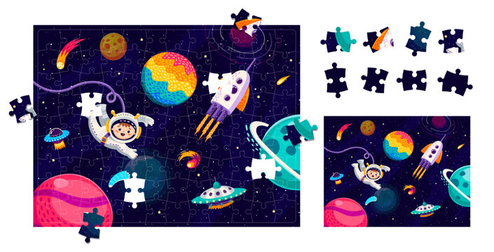 Space jigsaw puzzle game pieces with starry galaxy, kid astronaut, UFO and space rocket. Form connect puzzle riddle, figure search vector quiz worksheet with boy in spacesuit, spaceship in outerspace © Vector Tradition