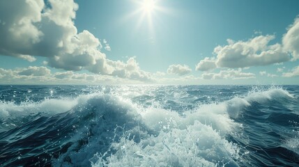 Ocean Waves Under Sunlit Sky, dynamic ocean scene where massive waves crest and foam under the brilliance of a sunny sky, embodying the power of nature - obrazy, fototapety, plakaty