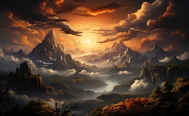 a sun rising over the clouds in the afternoon, in the style of meticulously crafted scenes, mountainous vistas - obrazy, fototapety, plakaty