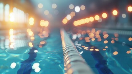 Indoor Pool Bokeh Lights, showcases a serene indoor swimming pool, with a bokeh effect of warm lights that create a tranquil and inviting atmosphere, hinting at leisure and relaxation