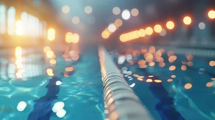 Gartenposter Indoor Pool Bokeh Lights, showcases a serene indoor swimming pool, with a bokeh effect of warm lights that create a tranquil and inviting atmosphere, hinting at leisure and relaxation © Viktorikus