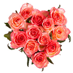 Obraz premium Bouquet of pink roses in shape of heart. Beautiful flowers isolated on white background. Close-up. Top view.