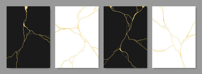 Golden Kintsugi cracks on marble texture pattern, vector background for tile. Broken marble effect with gold foil lines of crackle on stone, Kintsugi or Kintsukuroi ceramic art with golden cracks - obrazy, fototapety, plakaty
