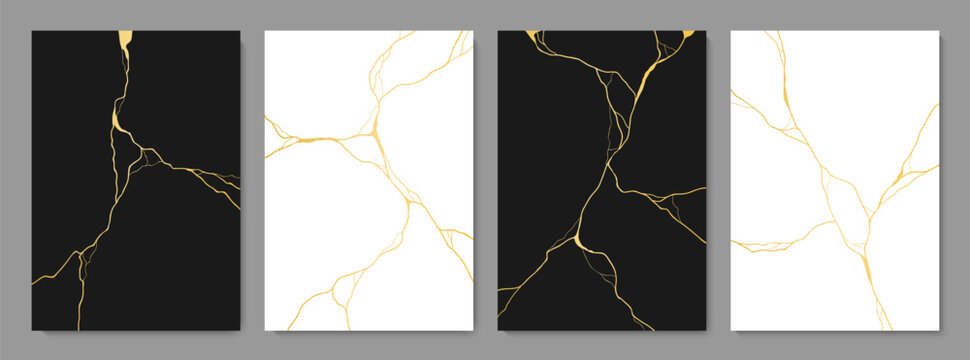 Golden Kintsugi cracks on marble texture pattern, vector background for tile. Broken marble effect with gold foil lines of crackle on stone, Kintsugi or Kintsukuroi ceramic art with golden cracks