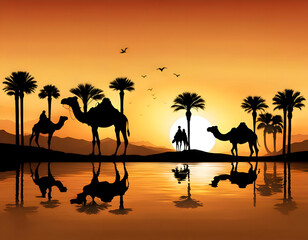 Camels as a silhouette at a waterhole in the sunset in the desert