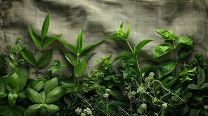 Various green culinary herbs spread on a rustic burlap canvas, showcasing textures and shades of nature. - obrazy, fototapety, plakaty