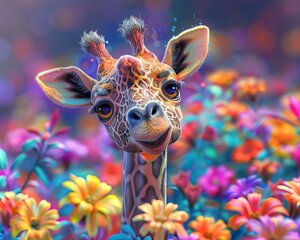 A cute, magical fairy tale giraffe in a realistic, beautiful, clean HD savannah, surrounded by vibrant, colorful flora