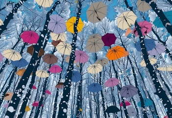 many colorful umbrellas hover around in the trees in 