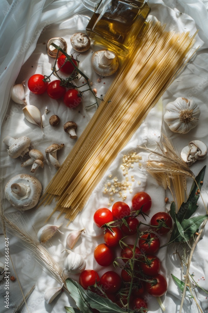 Poster assorted food items on a table, suitable for various concepts