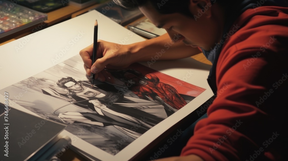 Poster a man is drawing a picture on a piece of paper. suitable for artistic concepts