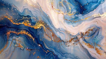 Liquid Marble Art: A captivating blue and gold swirl resembling a beautiful liquid marble painting. - obrazy, fototapety, plakaty