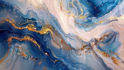 Foto op Aluminium Liquid Marble Art: A captivating blue and gold swirl resembling a beautiful liquid marble painting. © LIDIIA