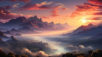 a sunrise over mountains with clouds and clouds surrounding it, in the style of light orange and light crimson, 32k uhd, landscapes, mist, romantic: dramatic landscapes, flowing silhouettes, naturecor - obrazy, fototapety, plakaty