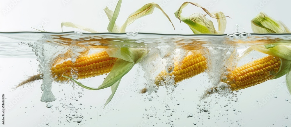 Poster Fresh corn kernels without husks dropping into water, creating bubbles and water droplets against a white backdrop.