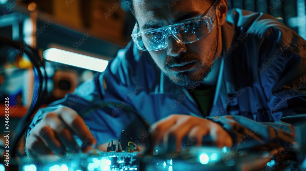 Poster a man in glasses working on a piece of electronic equipment. suitable for technology and engineering