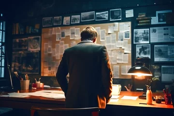 Foto op Plexiglas  Male detective stands in front of evidence board in his office, police crime investigation © Kseniya