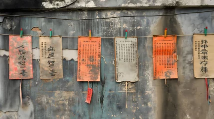 Fotobehang Vintage Chinese paper Ancient Wooden Wall with Door and Grunge Texture inTraditional Urban Setting. © adison