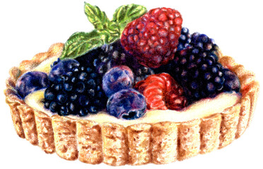 Colored Pencil Drawing Art Bakery and Desserts, Mixed Berry Tart