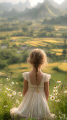 A child girl white dress standing on a green and yellow field with mountains and fields in the background.