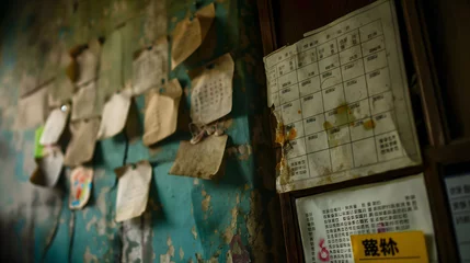 Foto op Plexiglas anti-reflex Chinese calendar taped to the wall of an apartment old room with leaflet old © adison