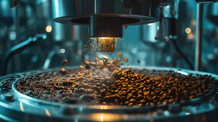 Foto op Plexiglas Natural roasted coffee beans mixing in mixer of industrial roasting machine on factory © adison