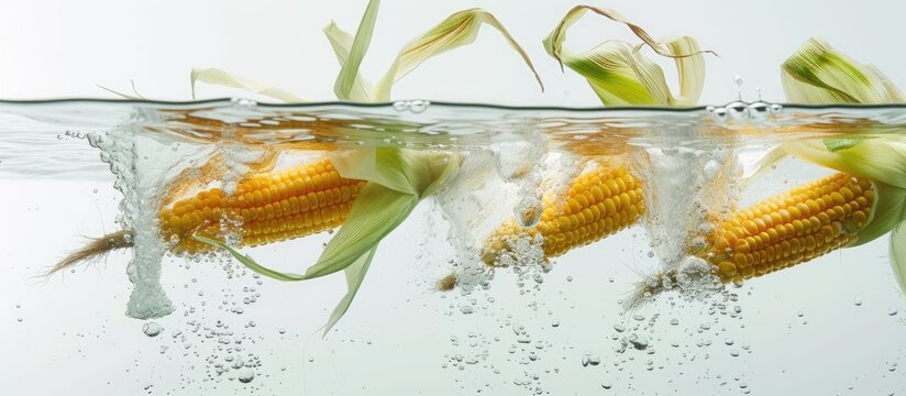 Fresh corn kernels without husks dropping into water, creating bubbles and water droplets against a white backdrop.