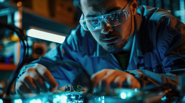 A man in glasses working on a piece of electronic equipment. Suitable for technology and engineering concepts
